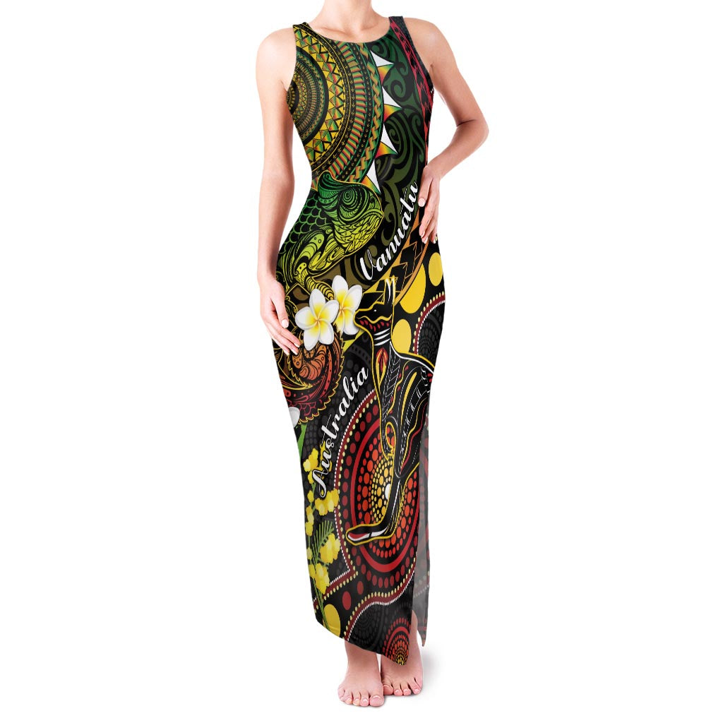 Vanuatu And Australia Aboriginal Family Matching Tank Maxi Dress and Hawaiian Shirt Iguana And Kangaroo Together