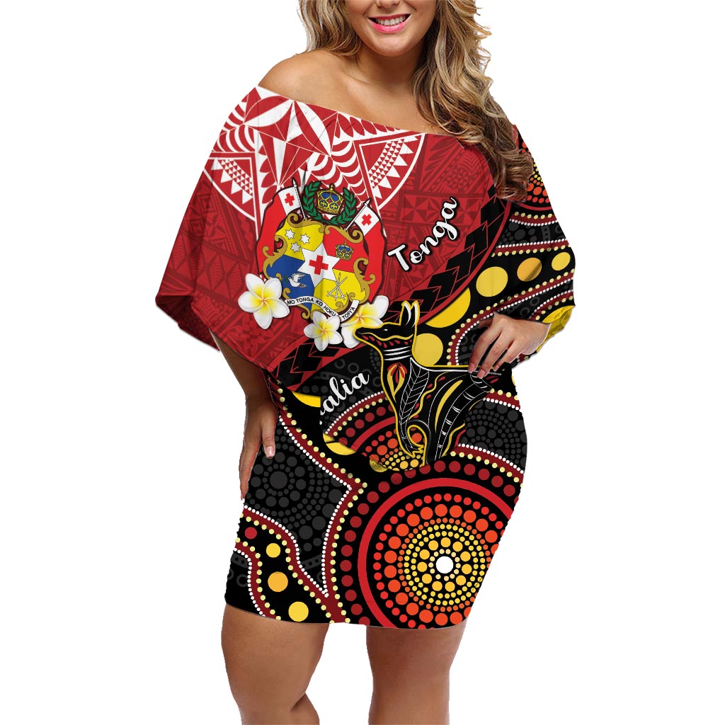 Tonga Ngatu And Australia Aboriginal Family Matching Off Shoulder Short Dress and Hawaiian Shirt Tongan Dove And Kangaroo Together