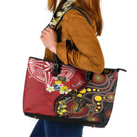 Tonga Ngatu And Australia Aboriginal Leather Tote Bag Tongan Dove And Kangaroo Together LT05 Red - Polynesian Pride