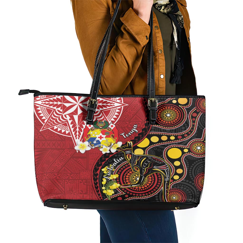 Tonga Ngatu And Australia Aboriginal Leather Tote Bag Tongan Dove And Kangaroo Together LT05 - Polynesian Pride
