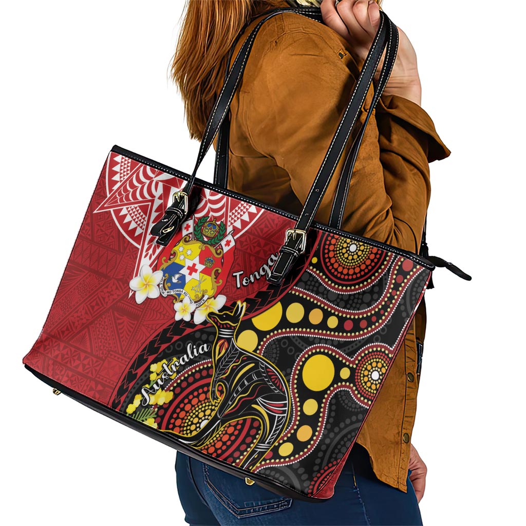 Tonga Ngatu And Australia Aboriginal Leather Tote Bag Tongan Dove And Kangaroo Together LT05 - Polynesian Pride