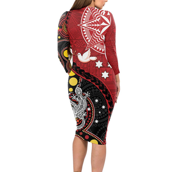 Personalized Tonga Niuas Long Sleeve Bodycon Dress White Tailed Tropicbird With Ngatu Pattern LT05