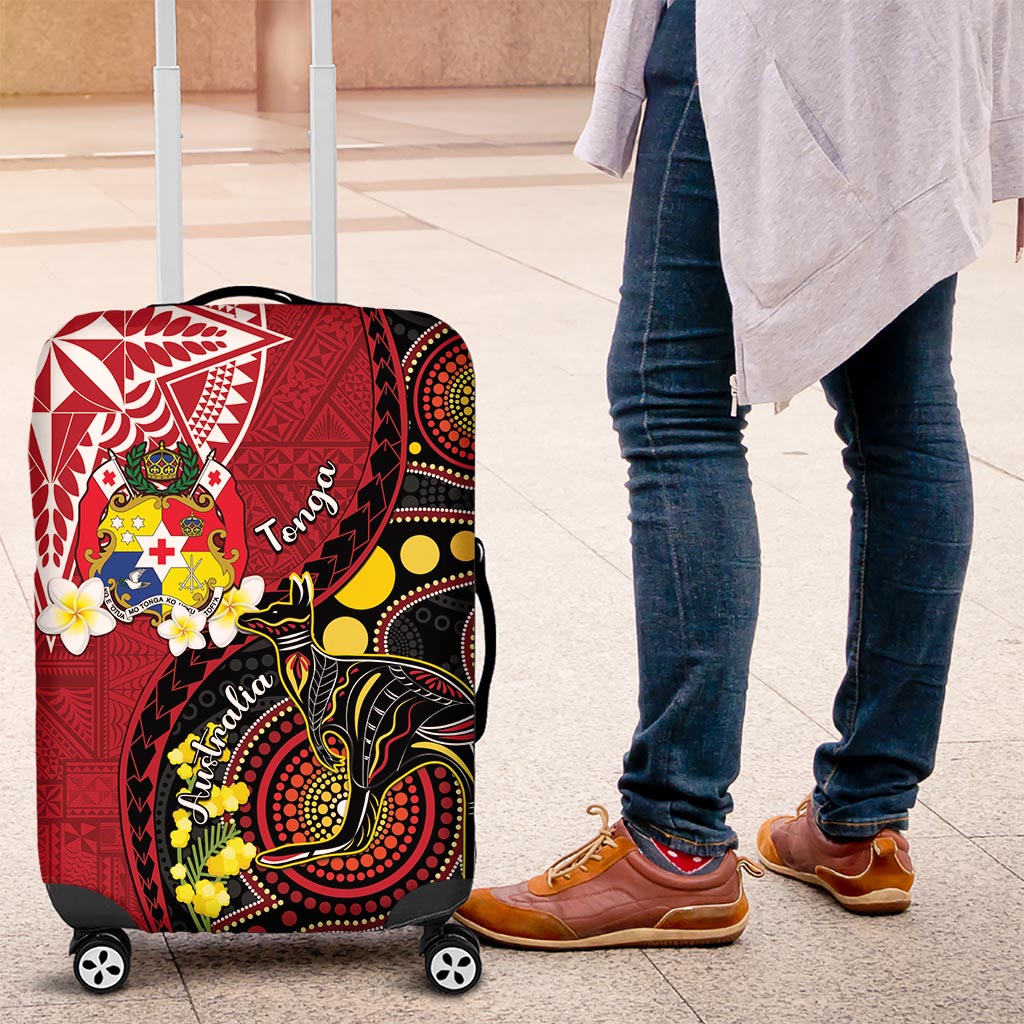 Tonga Ngatu And Australia Aboriginal Luggage Cover Tongan Dove And Kangaroo Together LT05 Red - Polynesian Pride