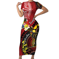 Tonga Ngatu And Australia Aboriginal Short Sleeve Bodycon Dress Tongan Dove And Kangaroo Together