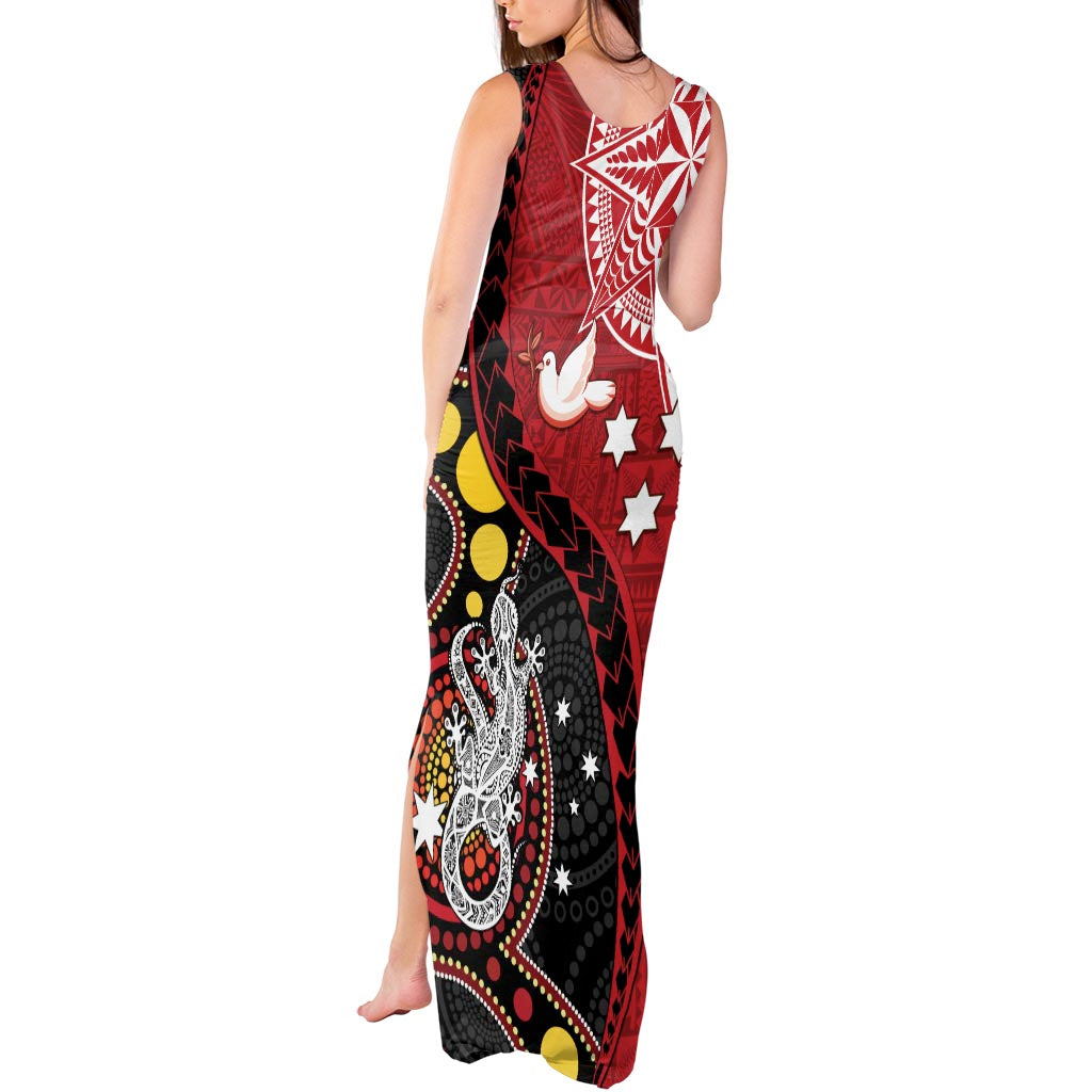 Tonga Ngatu And Australia Aboriginal Tank Maxi Dress Tongan Dove And Kangaroo Together