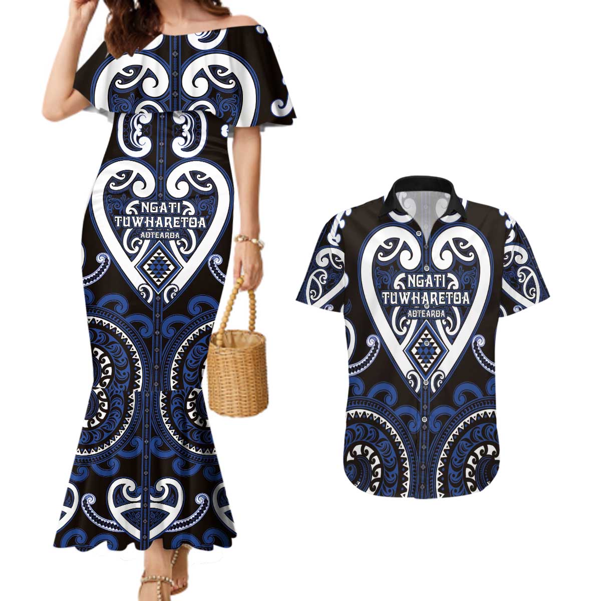 Custom Aotearoa Ngati Tuwharetoa Couples Matching Mermaid Dress and Hawaiian Shirt Maori Tribal Pattern LT05 Navy - Polynesian Pride