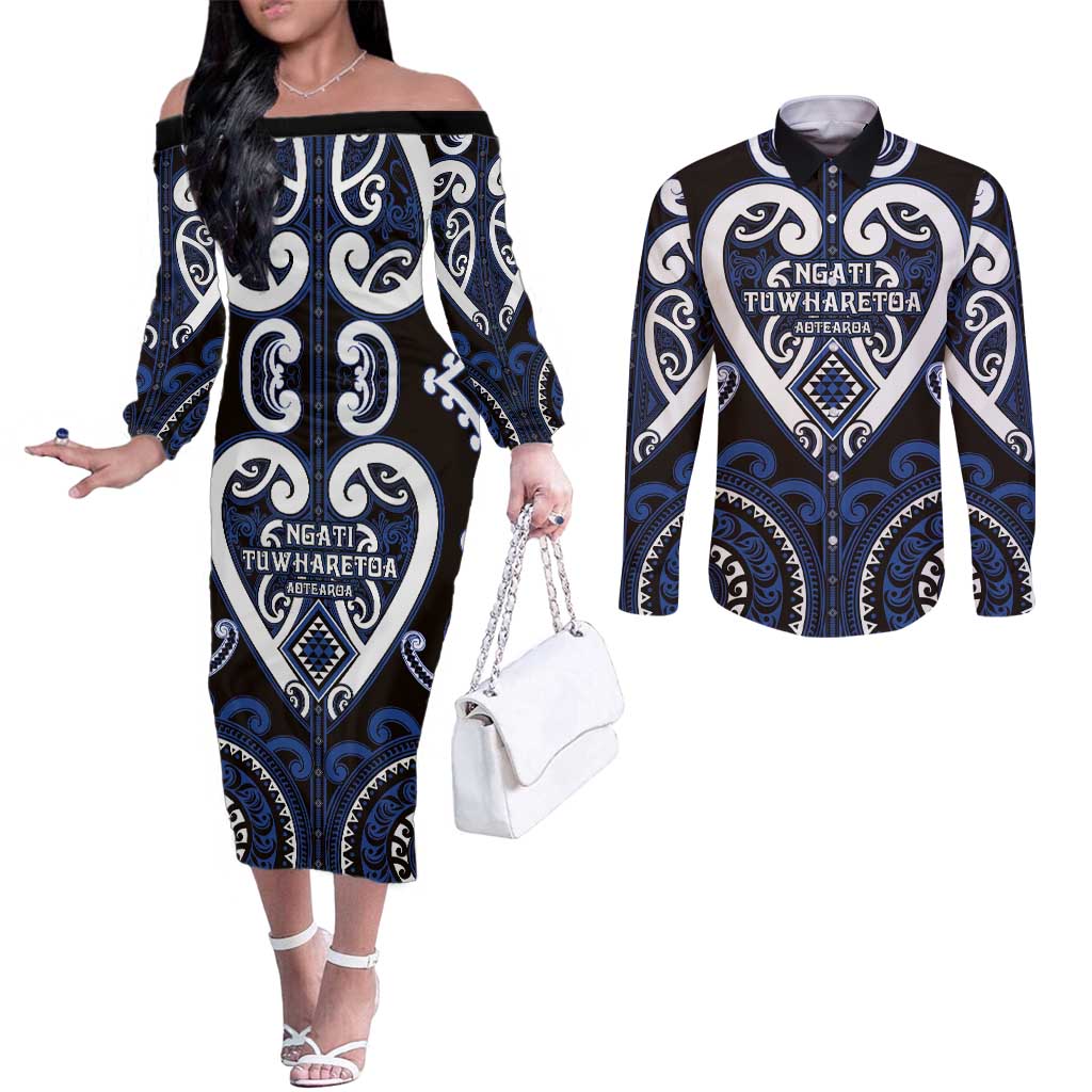 Custom Aotearoa Ngati Tuwharetoa Couples Matching Off The Shoulder Long Sleeve Dress and Long Sleeve Button Shirt Maori Tribal Pattern LT05 Navy - Polynesian Pride