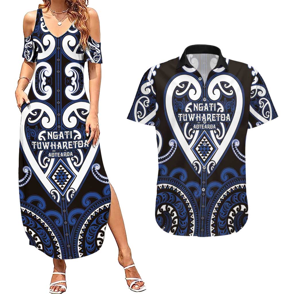 Custom Aotearoa Ngati Tuwharetoa Couples Matching Summer Maxi Dress and Hawaiian Shirt Maori Tribal Pattern LT05 Navy - Polynesian Pride