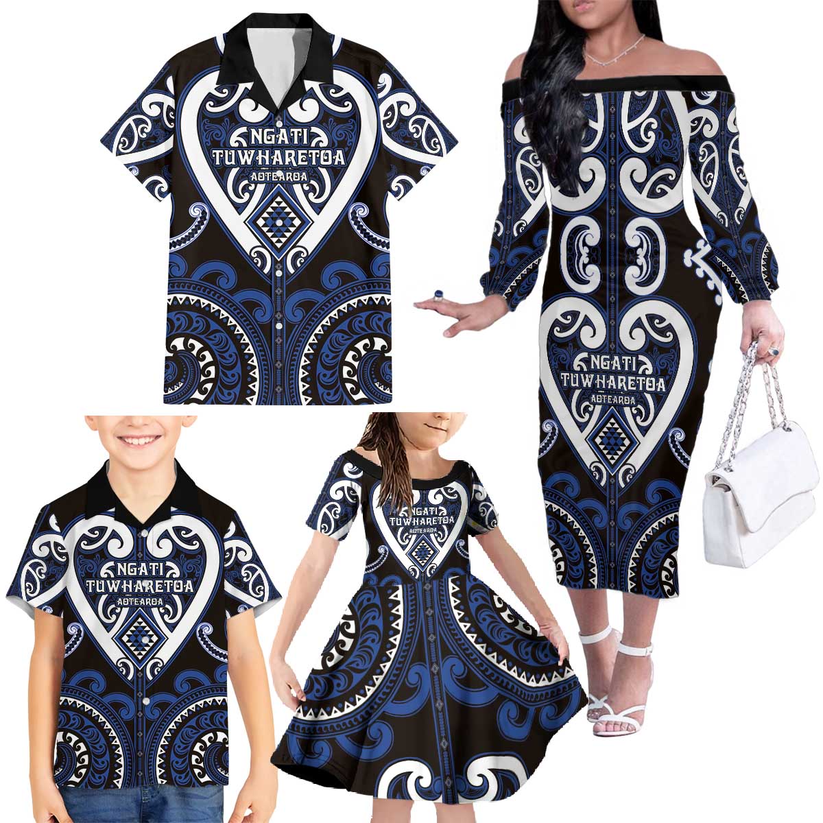 Custom Aotearoa Ngati Tuwharetoa Family Matching Off The Shoulder Long Sleeve Dress and Hawaiian Shirt Maori Tribal Pattern
