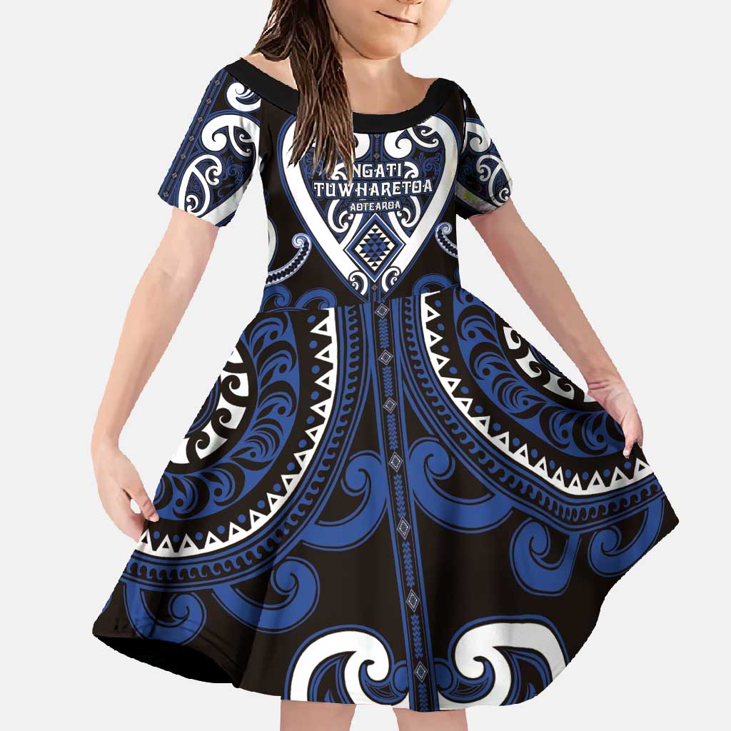 Custom Aotearoa Ngati Tuwharetoa Family Matching Off Shoulder Maxi Dress and Hawaiian Shirt Maori Tribal Pattern LT05 Daughter's Dress Navy - Polynesian Pride