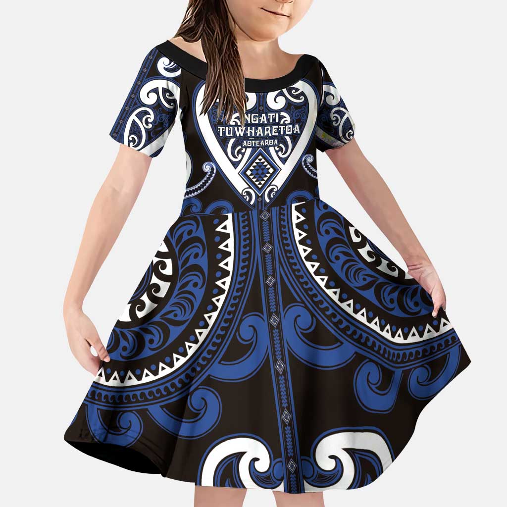 Custom Aotearoa Ngati Tuwharetoa Family Matching Puletasi and Hawaiian Shirt Maori Tribal Pattern LT05 Daughter's Dress Navy - Polynesian Pride