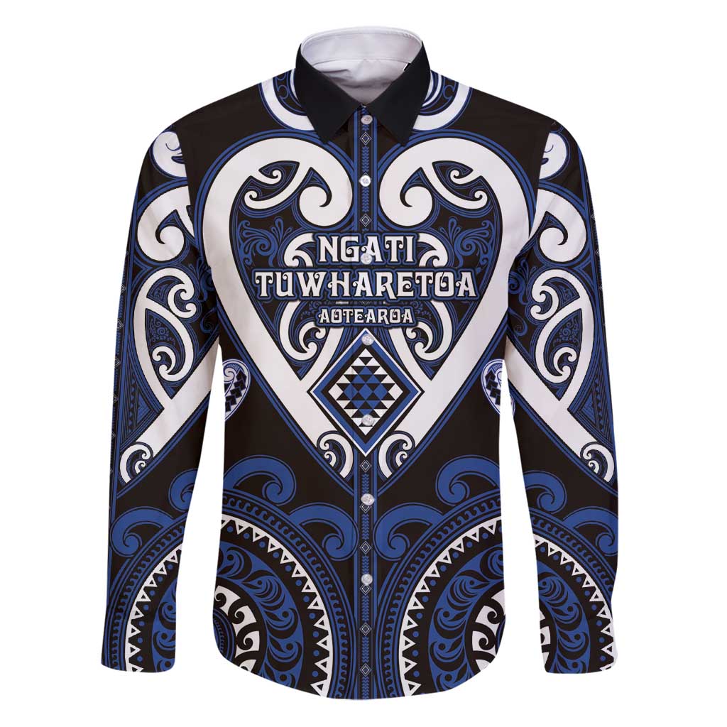 Custom Aotearoa Ngati Tuwharetoa Family Matching Puletasi and Hawaiian Shirt Maori Tribal Pattern LT05 Dad's Shirt - Long Sleeve Navy - Polynesian Pride