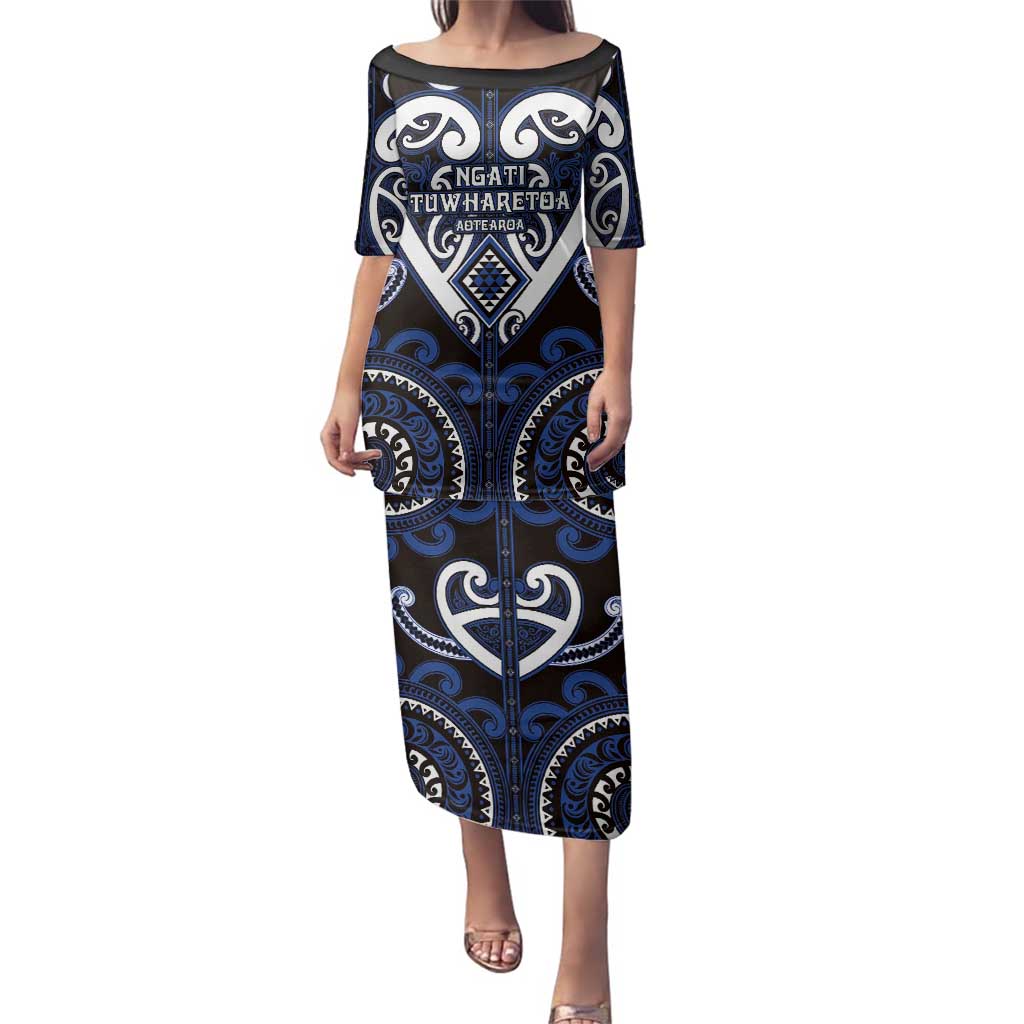 Custom Aotearoa Ngati Tuwharetoa Family Matching Puletasi and Hawaiian Shirt Maori Tribal Pattern LT05 Mom's Dress Navy - Polynesian Pride