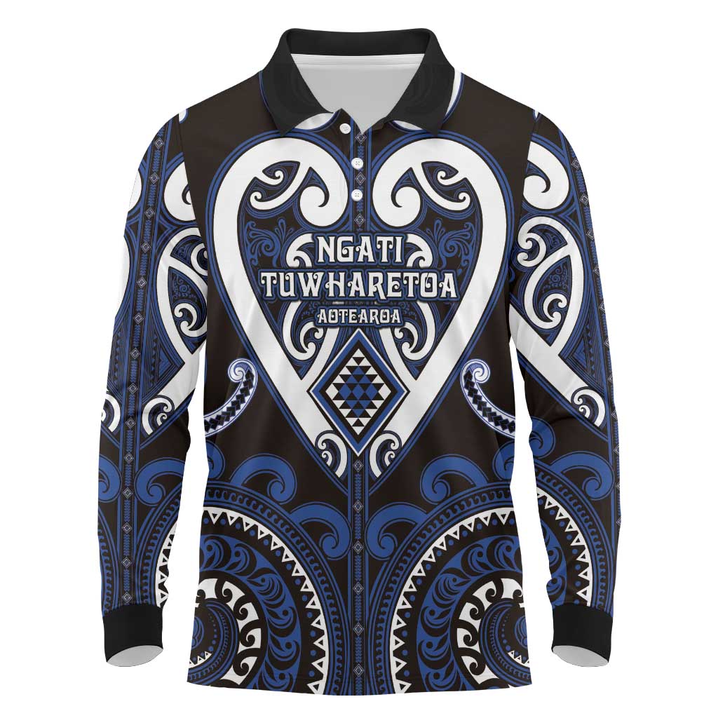 Custom Aotearoa Ngati Tuwharetoa Long Sleeve Polo Shirt Maori Tribal Pattern LT05 Navy - Polynesian Pride