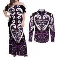 Custom Aotearoa Rangitane Couples Matching Off Shoulder Maxi Dress and Long Sleeve Button Shirt Maori Tribal Pattern