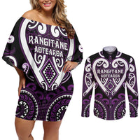 Custom Aotearoa Rangitane Couples Matching Off Shoulder Short Dress and Long Sleeve Button Shirt Maori Tribal Pattern