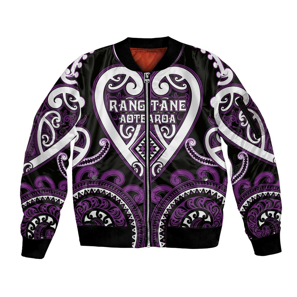 Custom Aotearoa Rangitane Sleeve Zip Bomber Jacket Maori Tribal Pattern LT05 Unisex Purple - Polynesian Pride