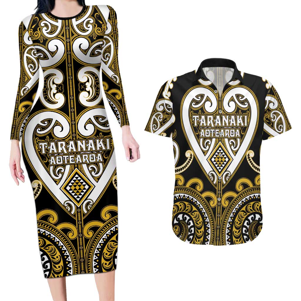 Custom Aotearoa Taranaki Couples Matching Long Sleeve Bodycon Dress and Hawaiian Shirt Maori Tribal Pattern LT05 Yellow - Polynesian Pride
