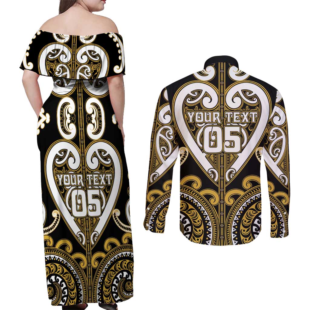Custom Aotearoa Taranaki Couples Matching Off Shoulder Maxi Dress and Long Sleeve Button Shirt Maori Tribal Pattern