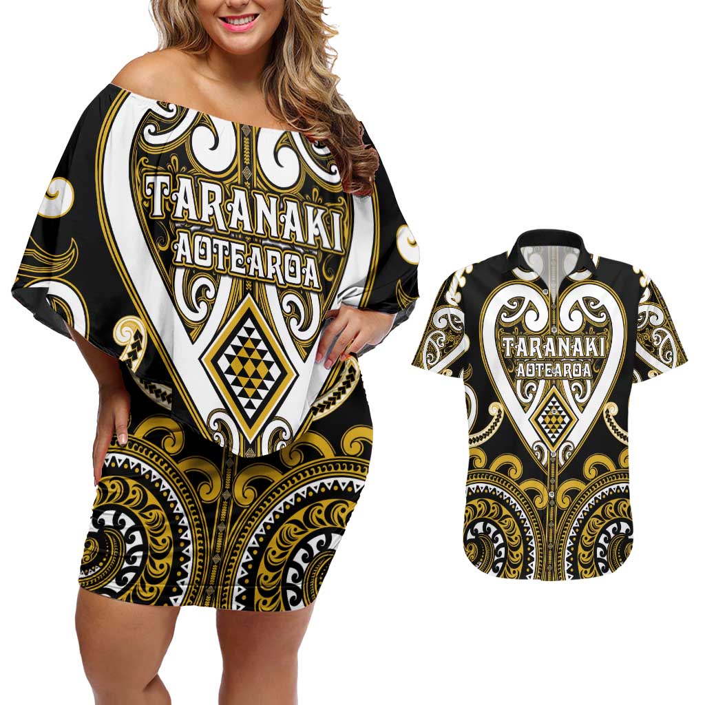 Custom Aotearoa Taranaki Couples Matching Off Shoulder Short Dress and Hawaiian Shirt Maori Tribal Pattern