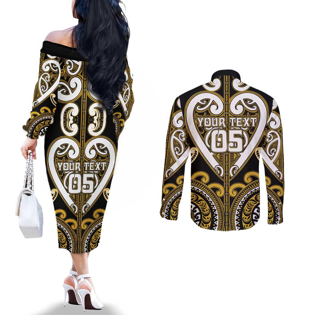 Custom Aotearoa Taranaki Couples Matching Off The Shoulder Long Sleeve Dress and Long Sleeve Button Shirt Maori Tribal Pattern