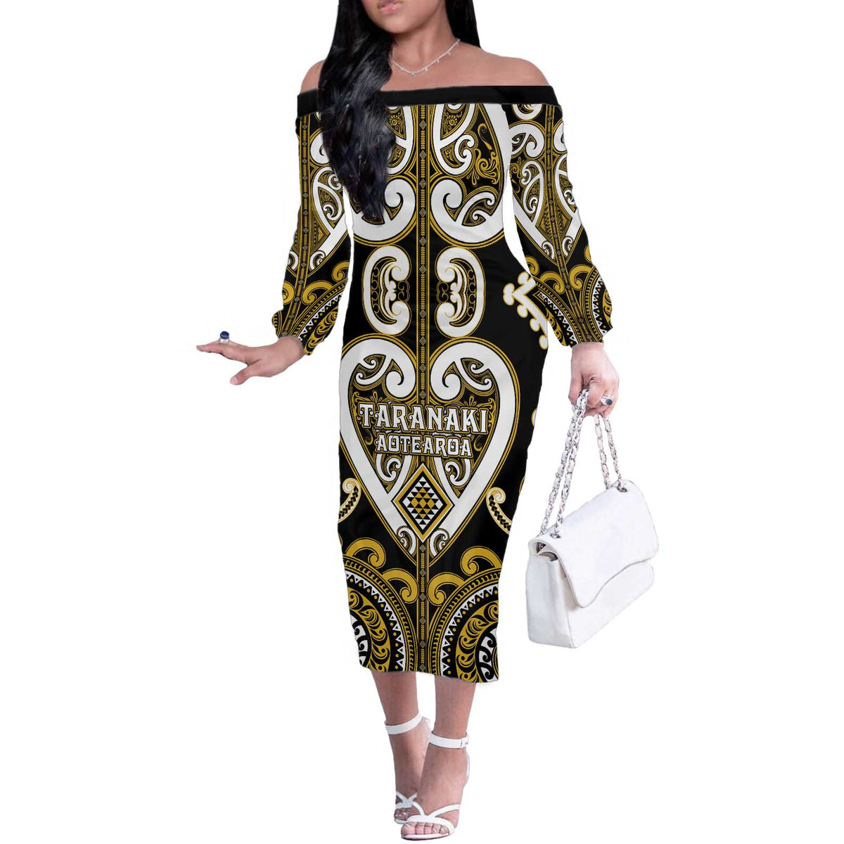 Custom Aotearoa Taranaki Off The Shoulder Long Sleeve Dress Maori Tribal Pattern