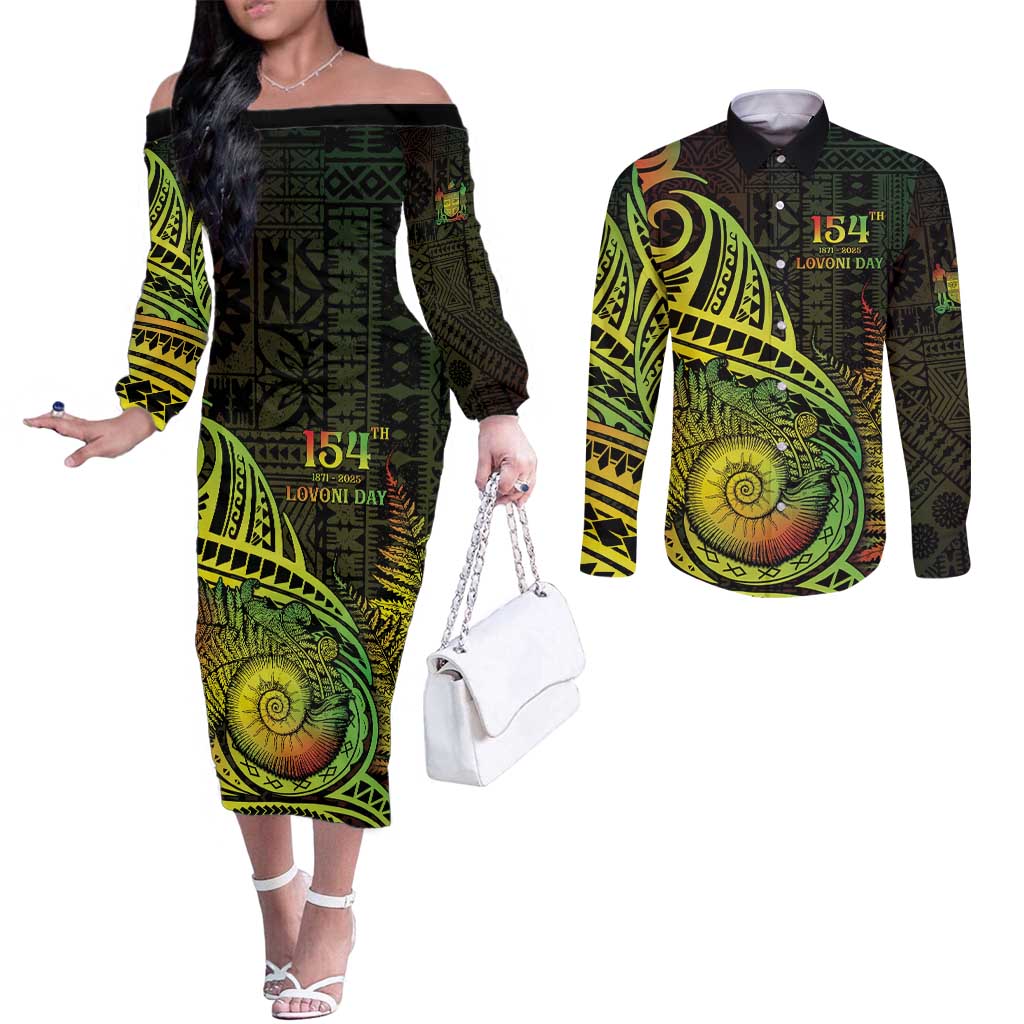 Personalised Fiji Lovoni Day Couples Matching Off The Shoulder Long Sleeve Dress and Long Sleeve Button Shirt 154th Years