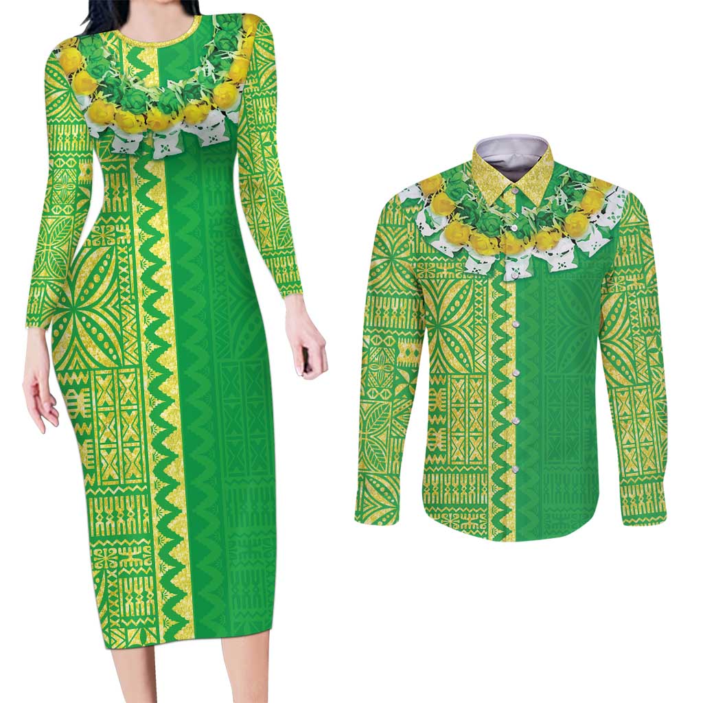 Fiji Lovoni Couples Matching Long Sleeve Bodycon Dress and Long Sleeve Button Shirt Fijian Tapa Salusalu Green Glitter