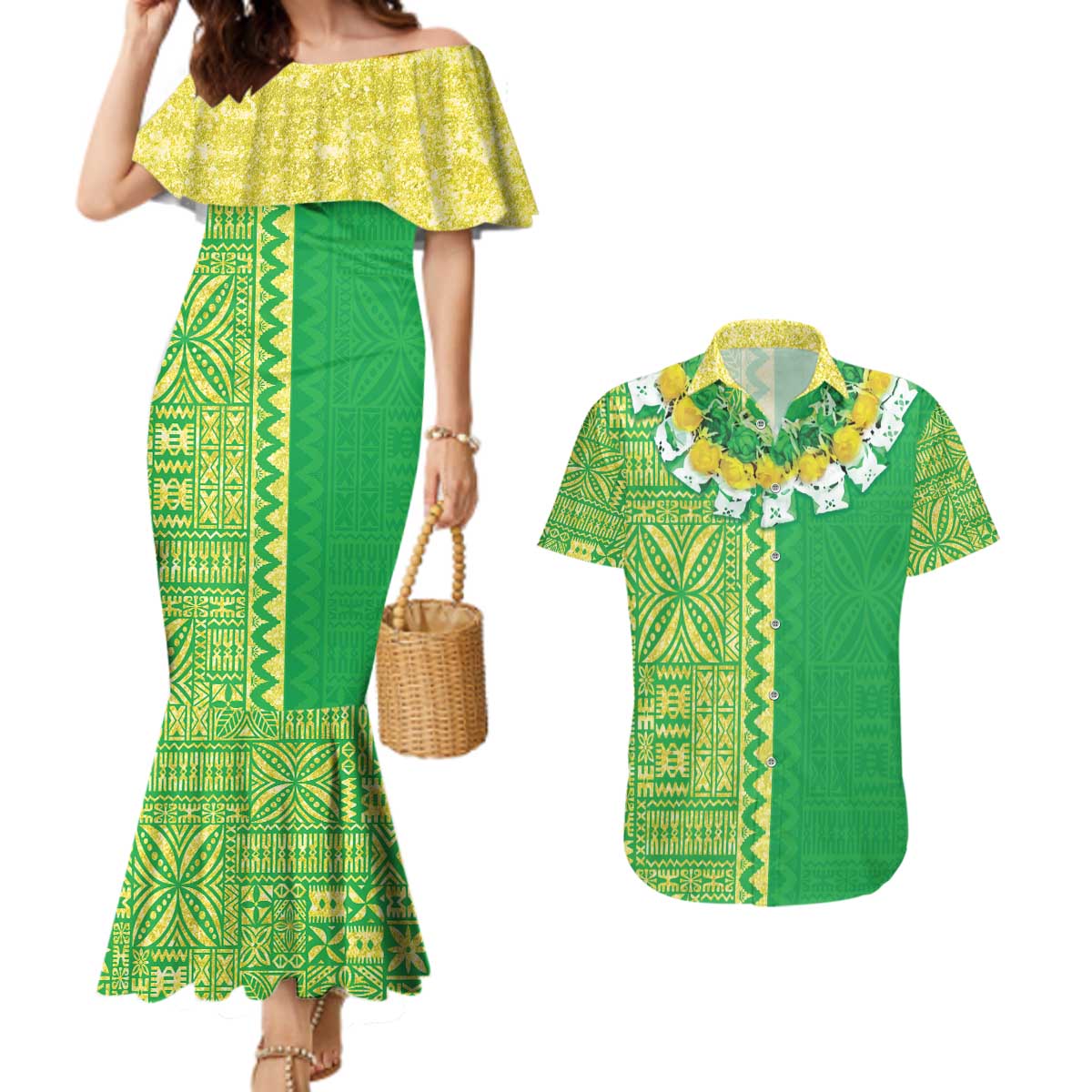 Fiji Lovoni Couples Matching Mermaid Dress and Hawaiian Shirt Fijian Tapa Salusalu Green Glitter