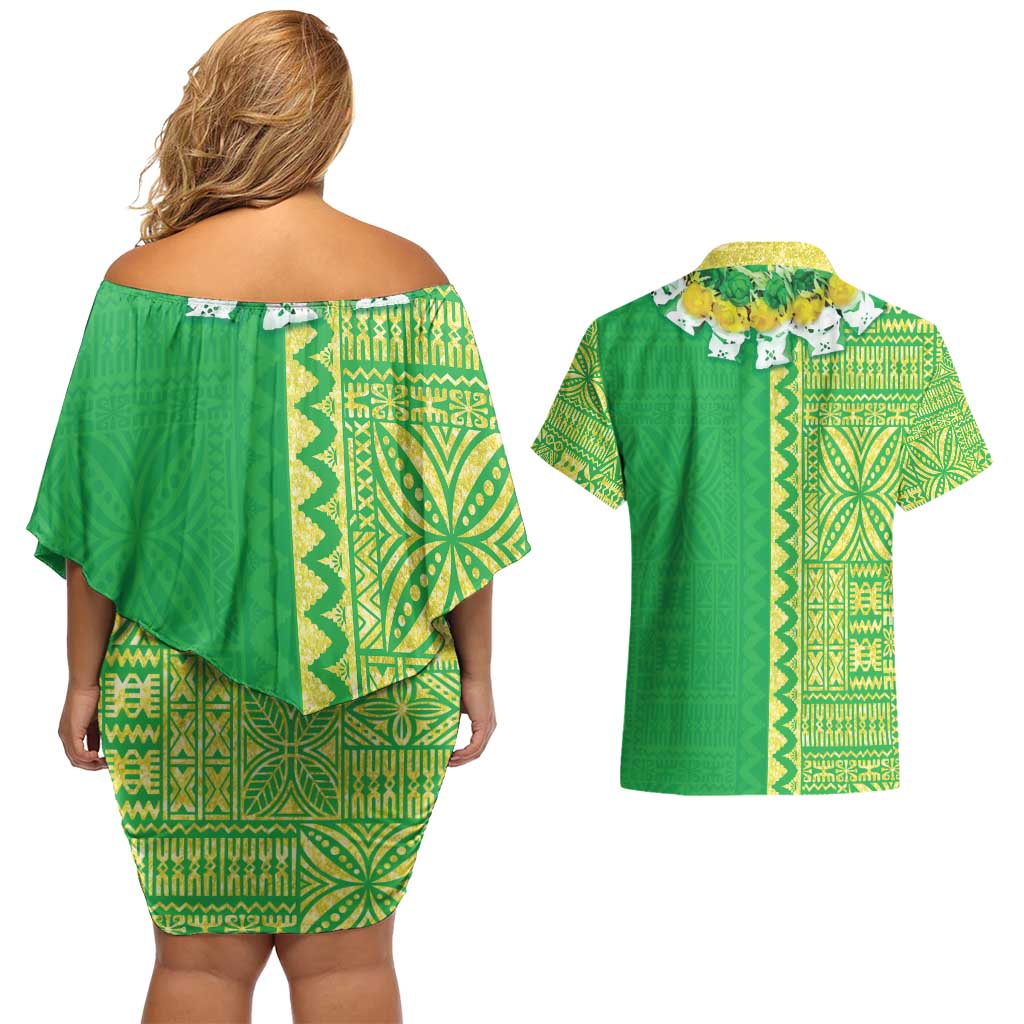 Fiji Lovoni Couples Matching Off Shoulder Short Dress and Hawaiian Shirt Fijian Tapa Salusalu Green Glitter