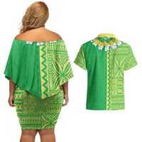 Fiji Lovoni Couples Matching Off Shoulder Short Dress and Hawaiian Shirt Fijian Tapa Salusalu Green Glitter
