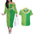 Fiji Lovoni Couples Matching Off The Shoulder Long Sleeve Dress and Hawaiian Shirt Fijian Tapa Salusalu Green Glitter