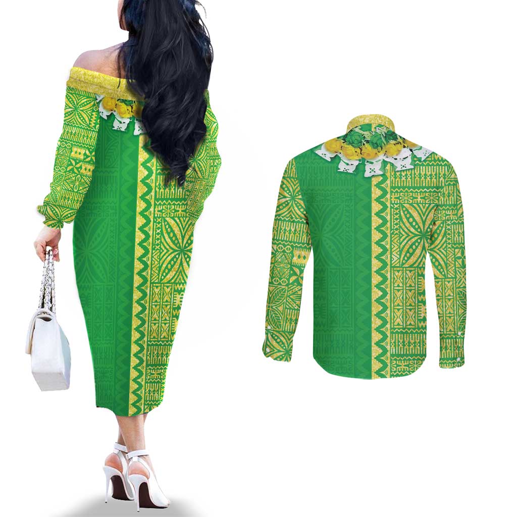 Fiji Lovoni Couples Matching Off The Shoulder Long Sleeve Dress and Long Sleeve Button Shirt Fijian Tapa Salusalu Green Glitter