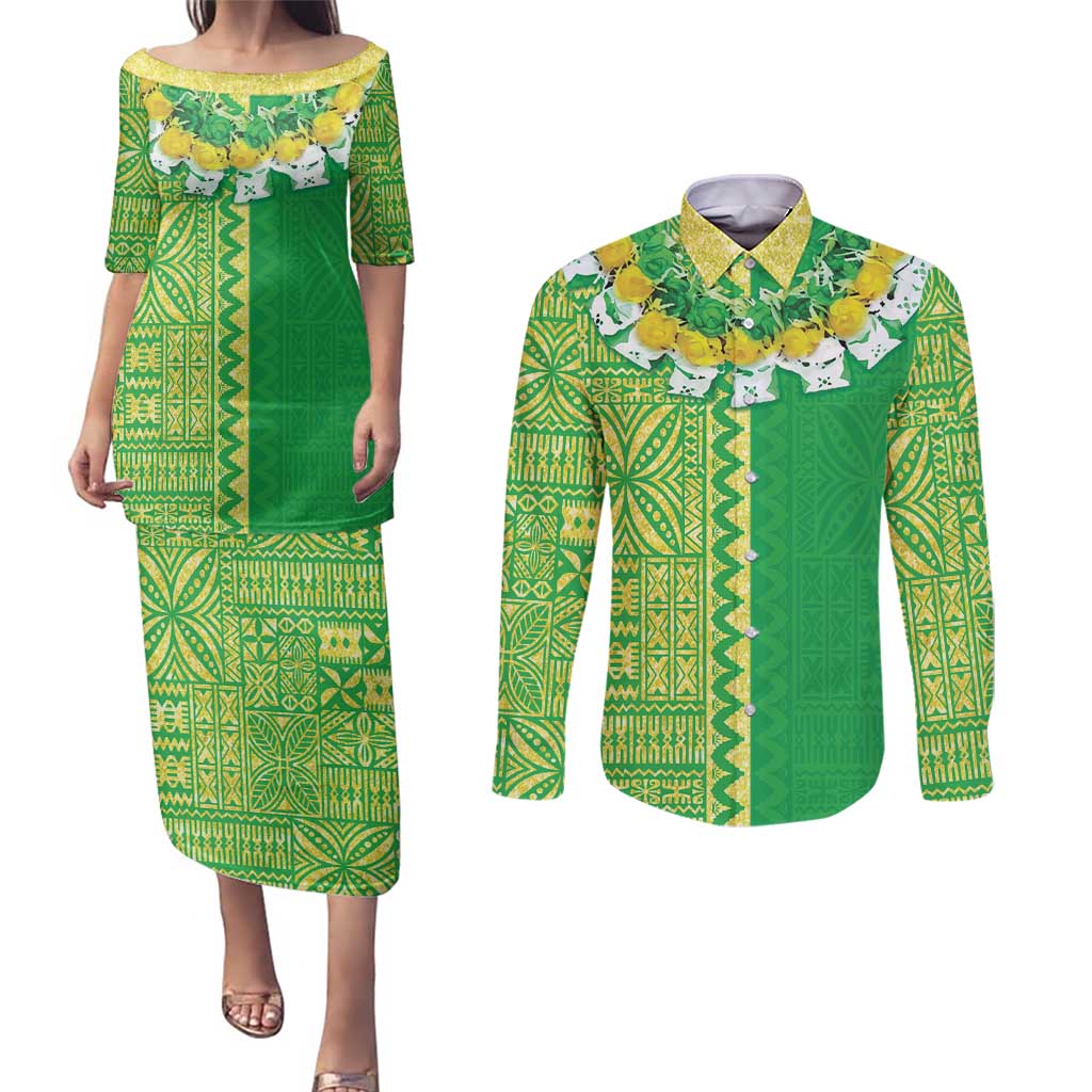 Fiji Lovoni Couples Matching Puletasi and Long Sleeve Button Shirt Fijian Tapa Salusalu Green Glitter