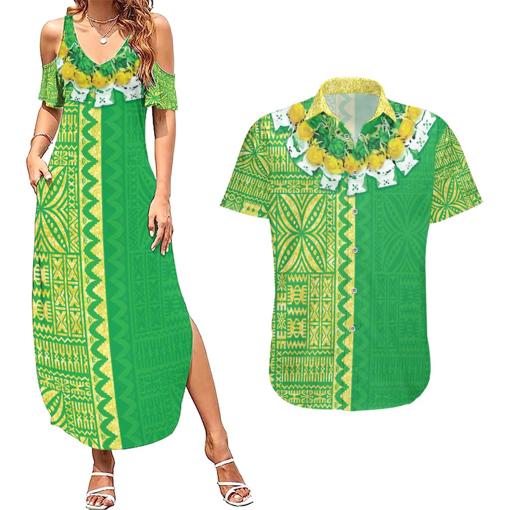 Fiji Lovoni Couples Matching Summer Maxi Dress and Hawaiian Shirt Fijian Tapa Salusalu Green Glitter