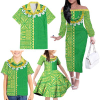Fiji Lovoni Family Matching Off The Shoulder Long Sleeve Dress and Hawaiian Shirt Fijian Tapa Salusalu Green Glitter