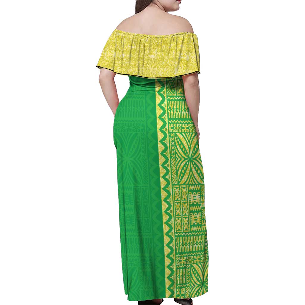 Fiji Lovoni Family Matching Off Shoulder Maxi Dress and Hawaiian Shirt Fijian Tapa Salusalu Green Glitter
