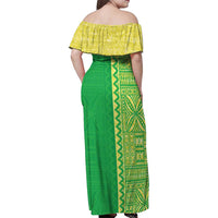 Fiji Lovoni Family Matching Off Shoulder Maxi Dress and Hawaiian Shirt Fijian Tapa Salusalu Green Glitter