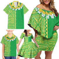 Fiji Lovoni Family Matching Off Shoulder Short Dress and Hawaiian Shirt Fijian Tapa Salusalu Green Glitter