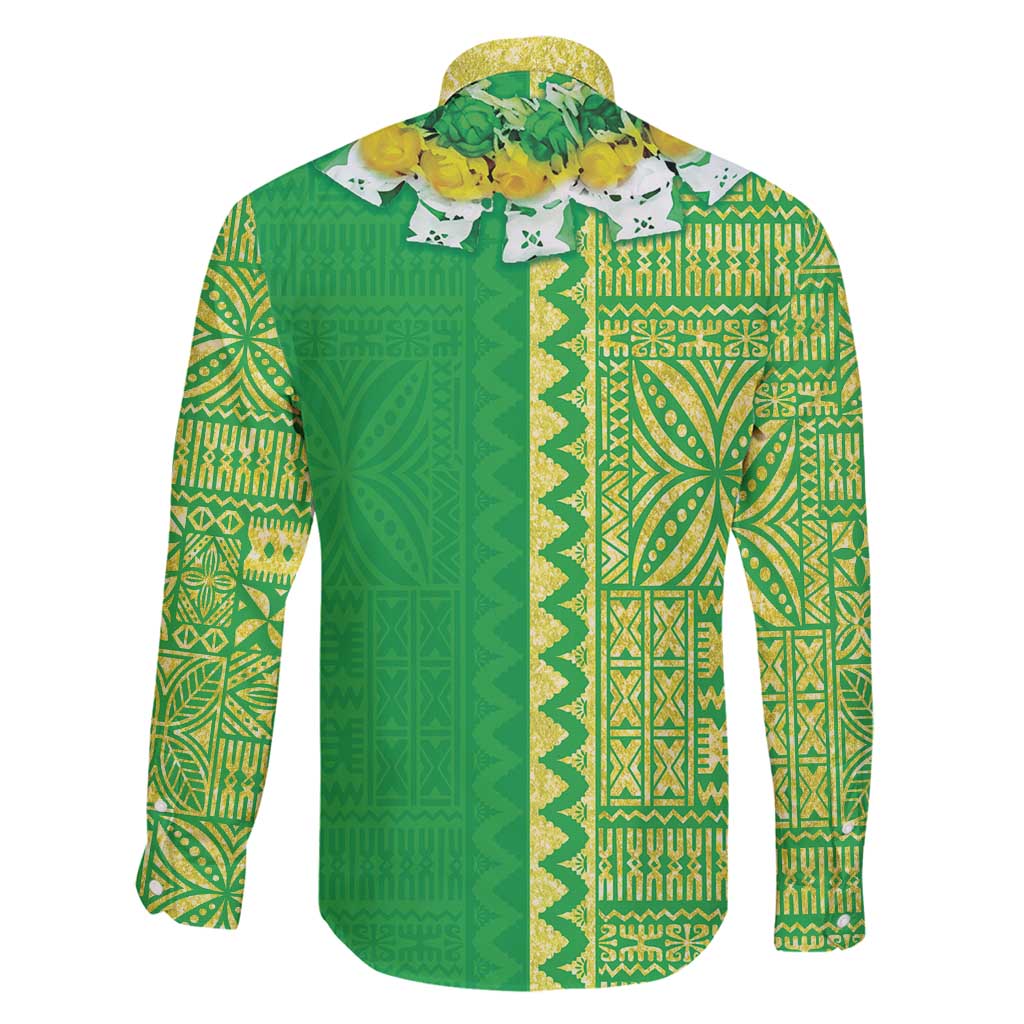 Fiji Lovoni Family Matching Off Shoulder Short Dress and Hawaiian Shirt Fijian Tapa Salusalu Green Glitter