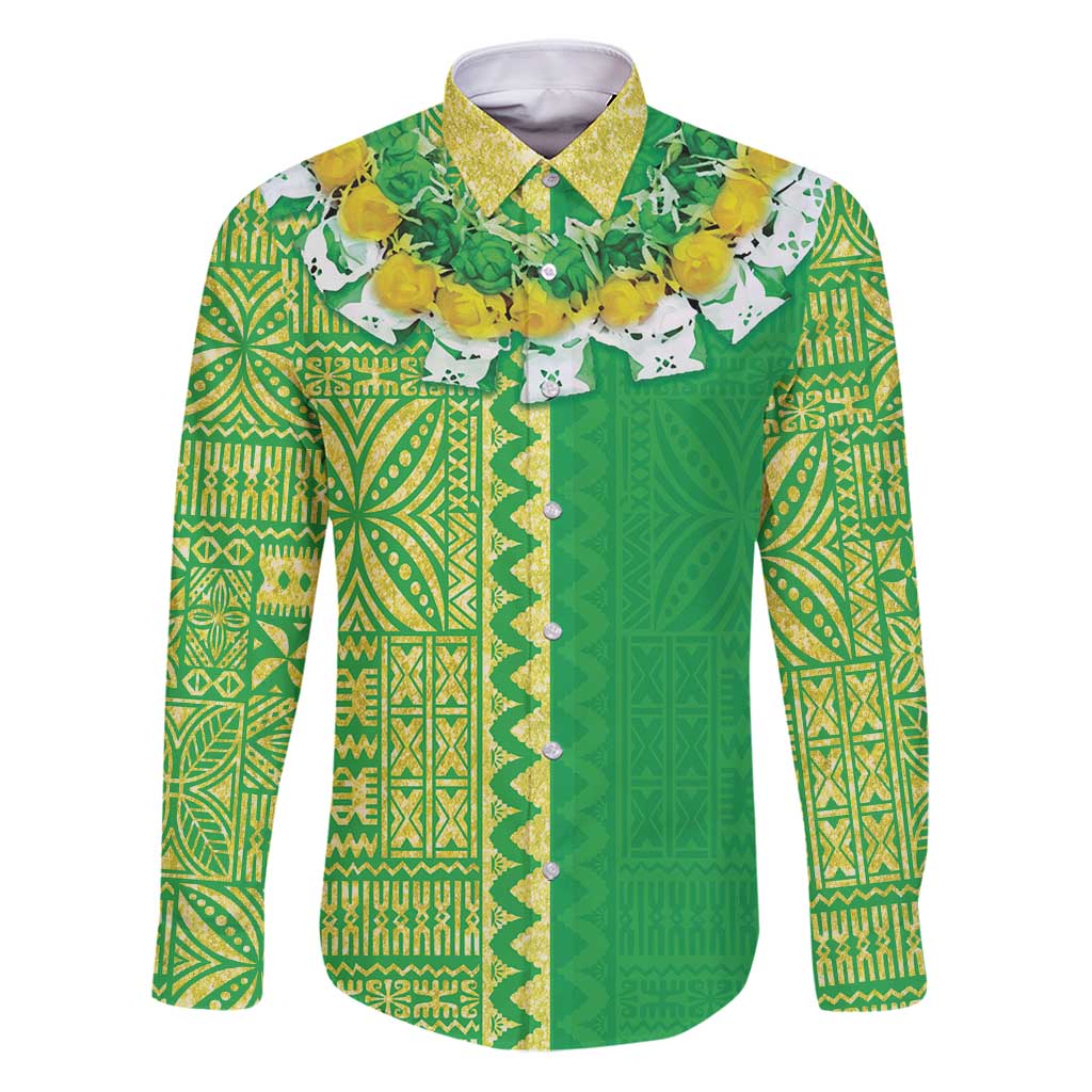 Fiji Lovoni Family Matching Puletasi and Hawaiian Shirt Fijian Tapa Salusalu Green Glitter