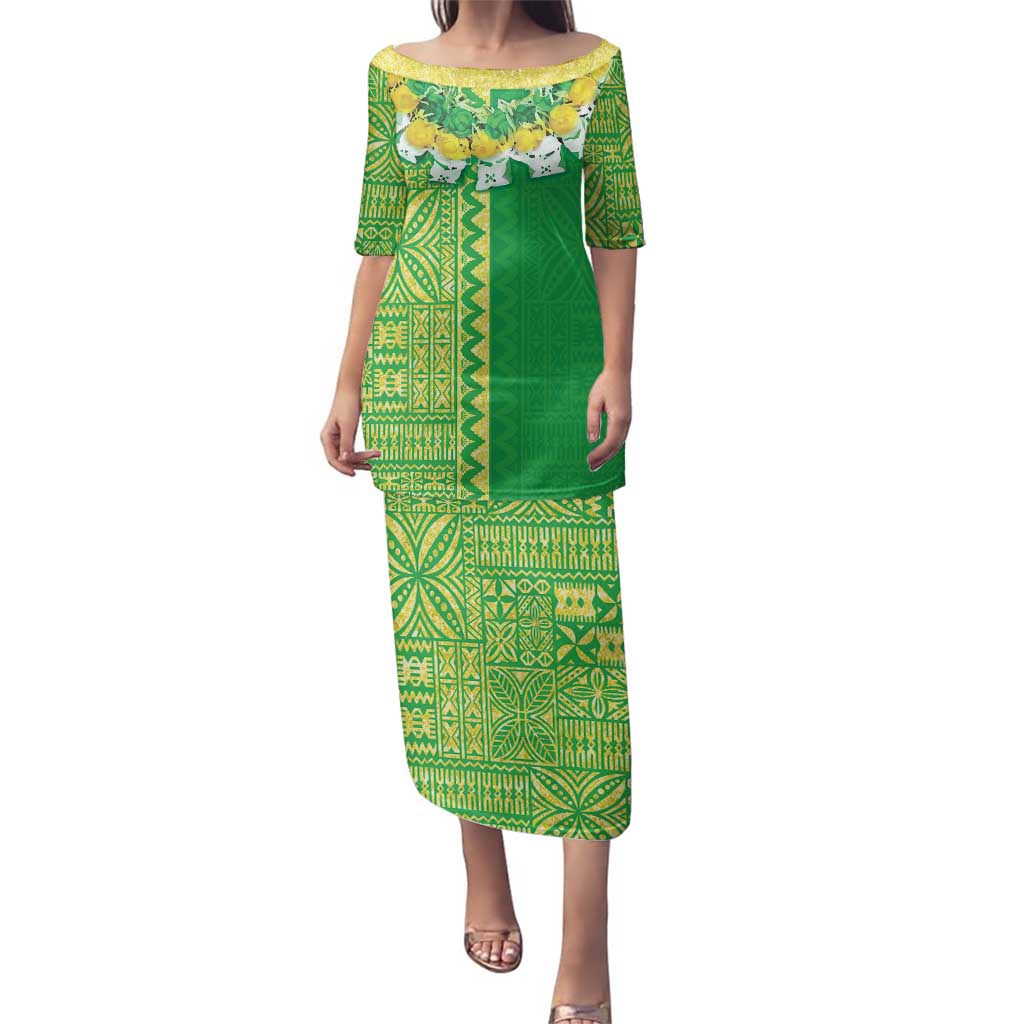 Fiji Lovoni Family Matching Puletasi and Hawaiian Shirt Fijian Tapa Salusalu Green Glitter