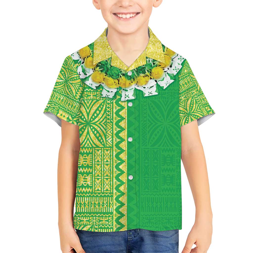 Fiji Lovoni Family Matching Puletasi and Hawaiian Shirt Fijian Tapa Salusalu Green Glitter