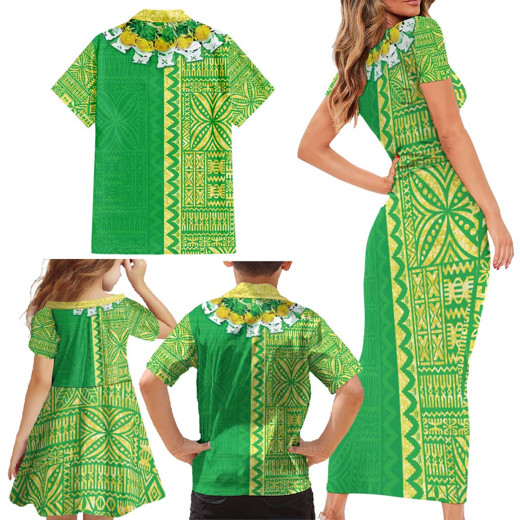 Fiji Lovoni Family Matching Short Sleeve Bodycon Dress and Hawaiian Shirt Fijian Tapa Salusalu Green Glitter