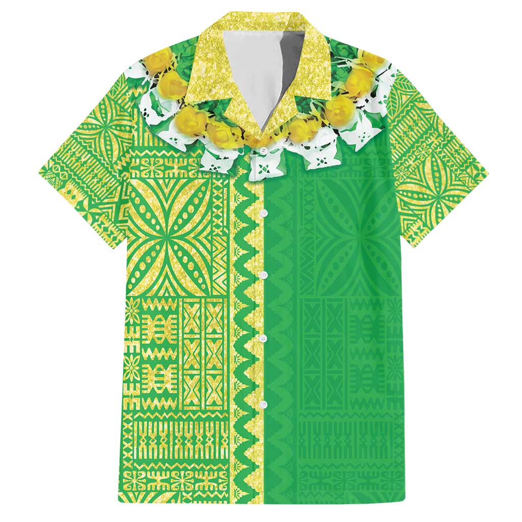 Fiji Lovoni Family Matching Short Sleeve Bodycon Dress and Hawaiian Shirt Fijian Tapa Salusalu Green Glitter