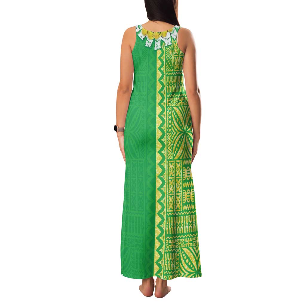 Fiji Lovoni Family Matching Tank Maxi Dress and Hawaiian Shirt Fijian Tapa Salusalu Green Glitter