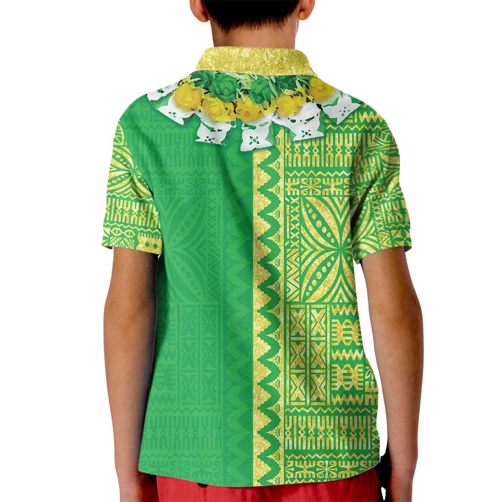 Fiji Lovoni Kid Polo Shirt Fijian Tapa Salusalu Green Glitter