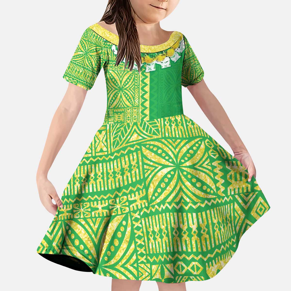 Fiji Lovoni Kid Short Sleeve Dress Fijian Tapa Salusalu Green Glitter