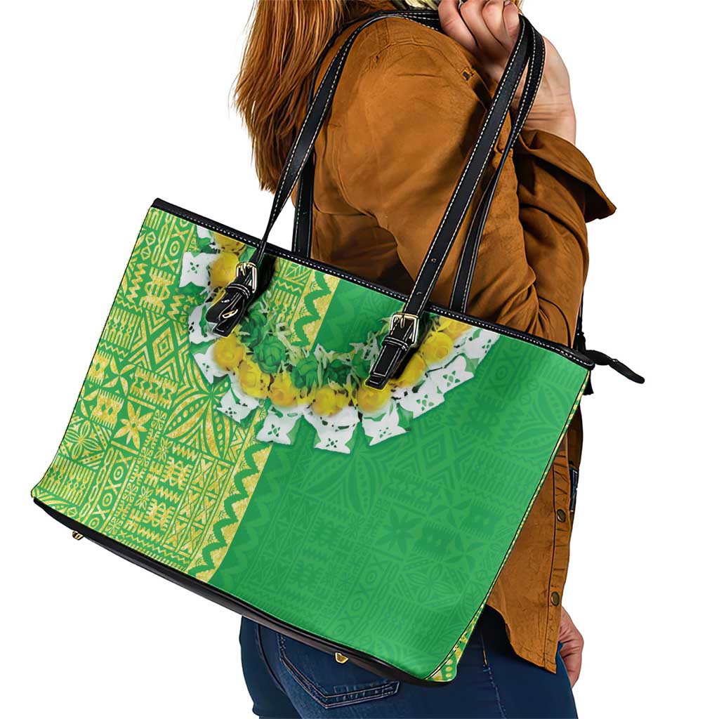 Fiji Lovoni Leather Tote Bag Fijian Tapa Salusalu Green Glitter