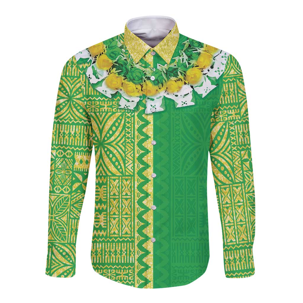 Fiji Lovoni Long Sleeve Button Shirt Fijian Tapa Salusalu Green Glitter